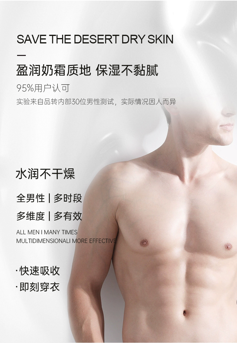盈潤奶霜質(zhì)地，保濕不粘膩，獲得95%用戶認(rèn)可，實(shí)驗(yàn)來自品轉(zhuǎn)內(nèi)部30位男性測試，實(shí)際情況因人而異